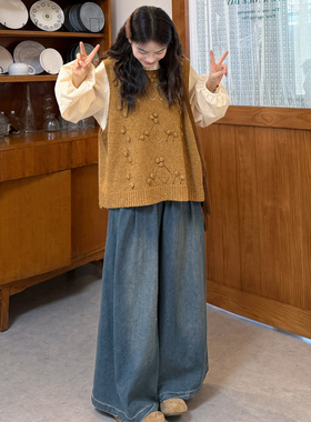 大码女装202秋季新款胖mm花边圆领衬衫+叠穿针织马甲+牛仔裤套装