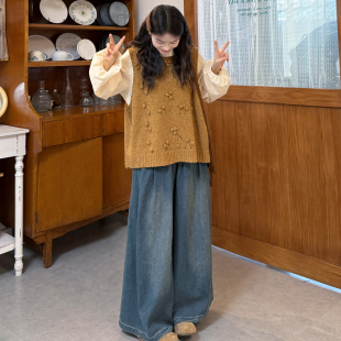 新款 胖mm花边圆领衬衫 叠穿针织马甲 大码 套装 202秋季 牛仔裤 女装