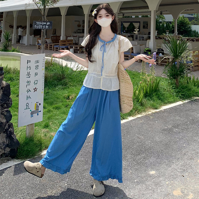 韩版撞色拼接花边系带衬衫+裤子