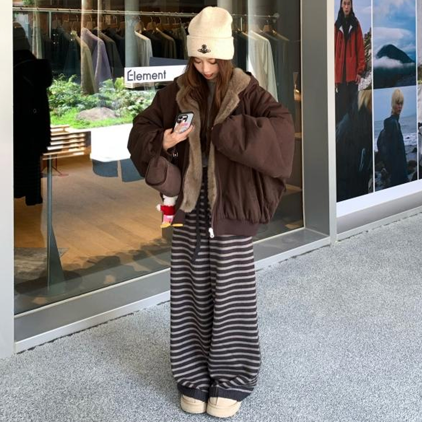 加厚两面穿连帽毛毛外套+条纹裤