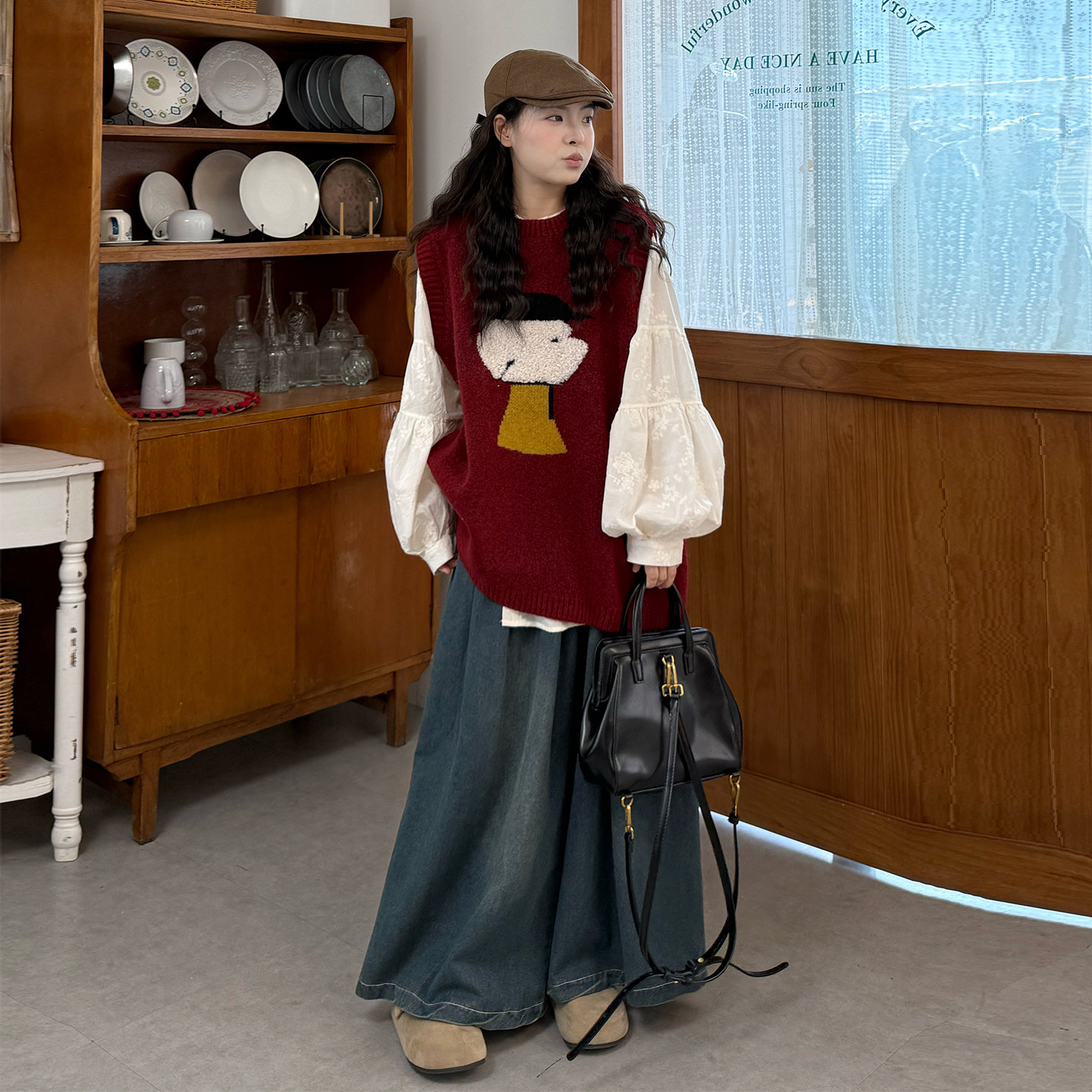 大码女装韩系卡通小狗针织马甲春季宽松叠穿长袖衬衣牛仔裤三件套,女装/女士精品,大码套装,淘宝优惠券,粉丝福利购,淘宝优惠卷