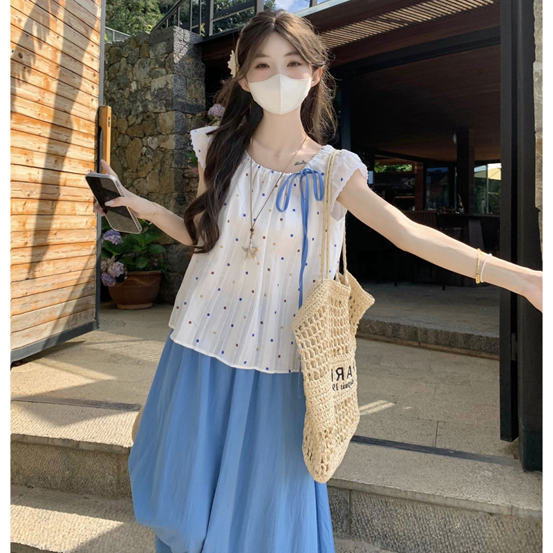 大码女装2025夏季新款胖mm韩版彩包波点系带飞飞袖衬衫半身裙套装