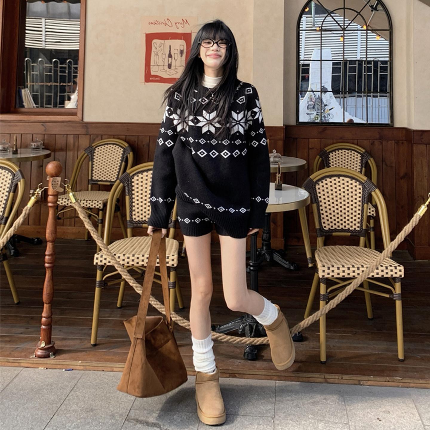 大码女装2026新款mm复古黑色提花费尔岛针织毛衣短裤洋气显瘦套装,女装/女士精品,大码套装,淘宝优惠券,粉丝福利购,淘宝优惠卷