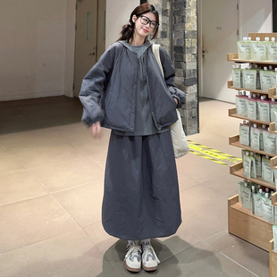 女装 半身裙套装 2025秋冬胖mm韩版 连帽卫衣 休闲百搭夹棉外套 大码