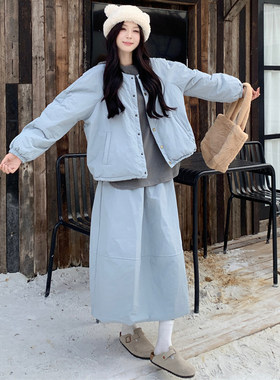 棉服外套宽松连帽卫衣半身裙套装