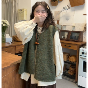 女装 时尚 2025早秋新款 圆领衬衫 两件套 胖mm复古宽松针织马甲 大码