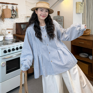 大码女装2026春新款胖mm日系花边领宽松显瘦减龄格子衬衫上衣