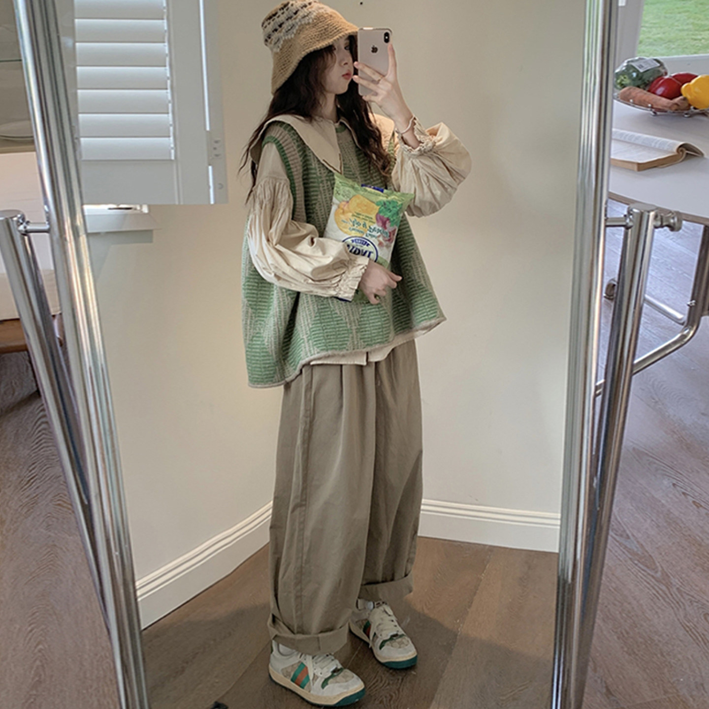 大码女装胖mm炸街显瘦三件套娃娃领衬衫+绿色针织马甲+宽松肥腿裤,女装/女士精品,大码连衣裙,淘宝优惠券,粉丝福利购,淘宝优惠卷