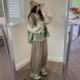 女装 胖mm炸街显瘦三件套娃娃领衬衫 绿色针织马甲 大码 宽松肥腿裤