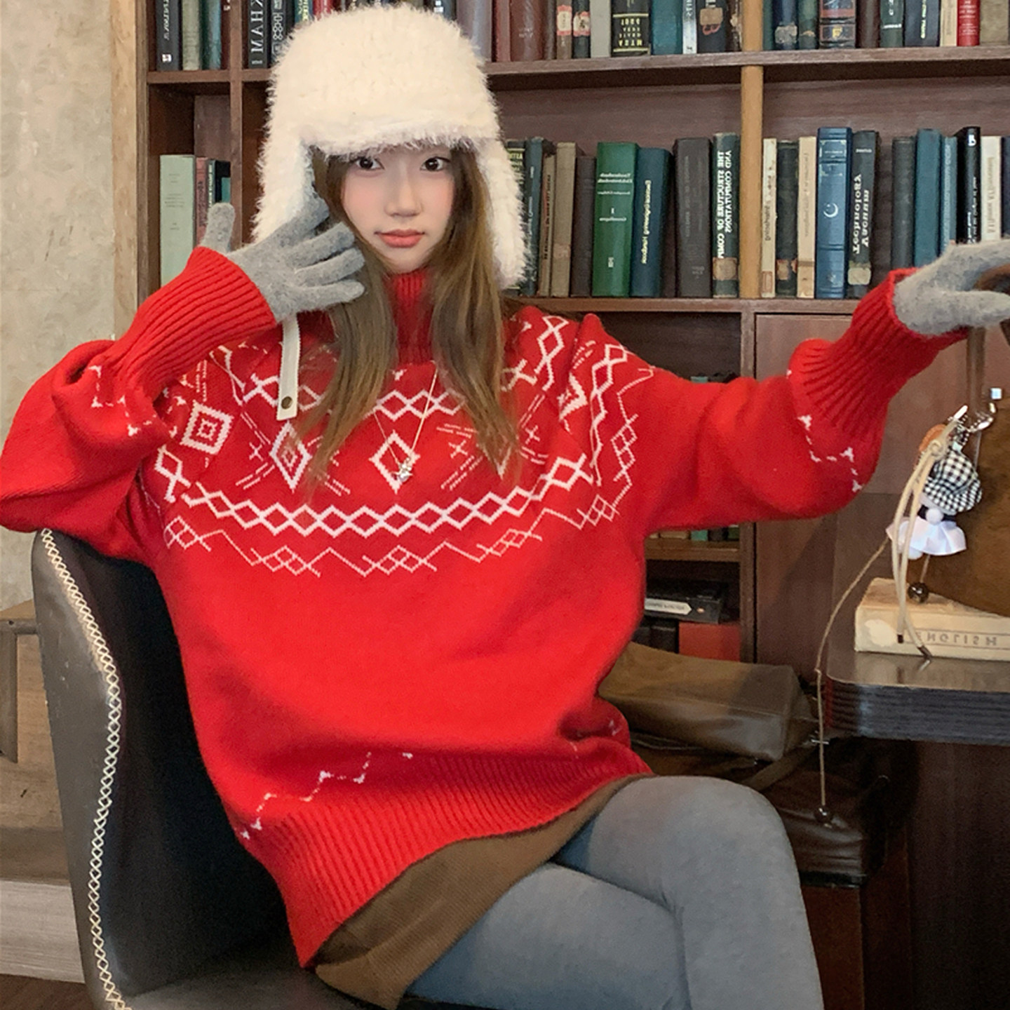 大码女装2025胖mm韩版慵懒风宽松套头蝙蝠袖费尔岛本命年红色毛衣,女装/女士精品,大码套装,淘宝优惠券,粉丝福利购,淘宝优惠卷