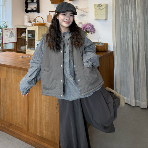 连帽格子卫衣夹棉马甲花苞裤套装