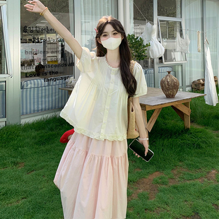 宽松木耳边设计感衬衫 新款 胖mm韩版 半身裙套装 女装 大码 2025夏季