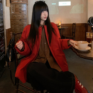 大码女装2025冬季过年氛围感圣诞红色蓬蓬棉服外套+百搭格纹衬衫