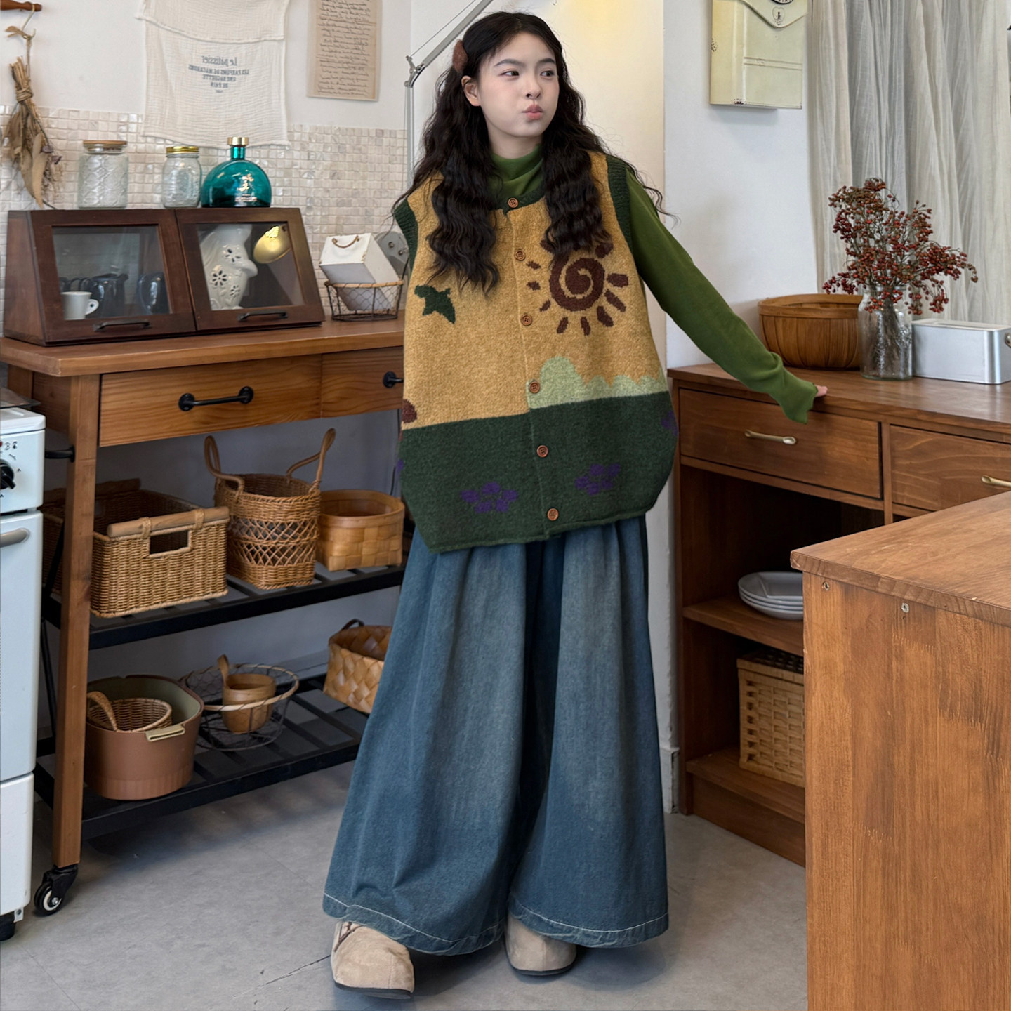 大码女装2026早春胖mm复古撞色宽松针织马甲+打底T恤+牛仔裤套装