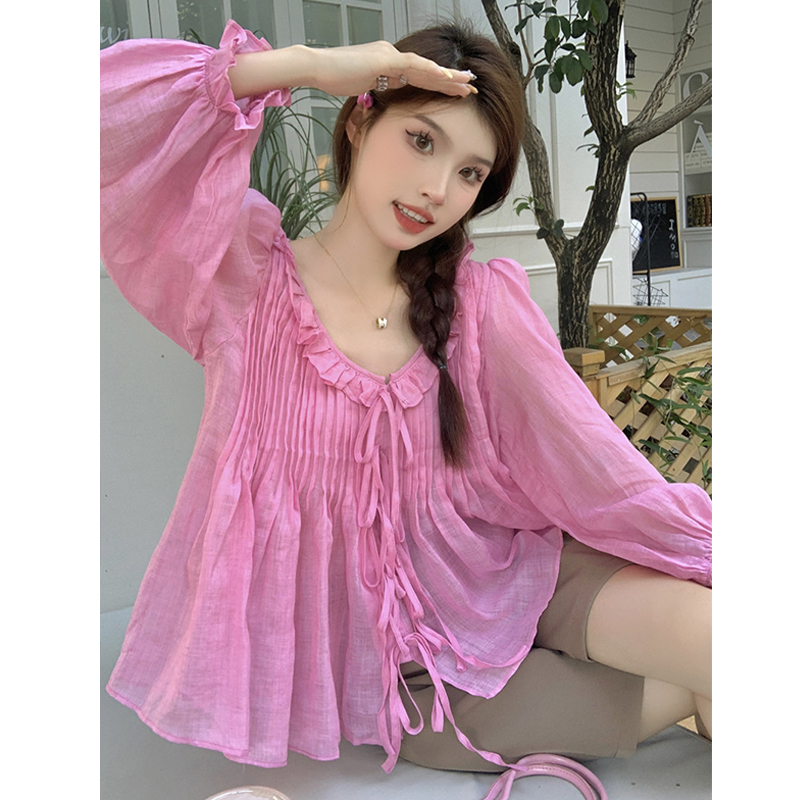 大码女装2025夏季胖mm法式荷叶边设计感系带蝴蝶结灯笼袖衬衫上衣