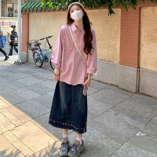 女装 慵懒粉色毛边衬衫 2025秋季 胖mm韩版 高腰包臂牛仔裙 新款 大码
