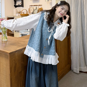 牛仔裤 大码 针织马甲 2026胖mm显瘦一整套搭配娃娃领刺绣衬衫 女装