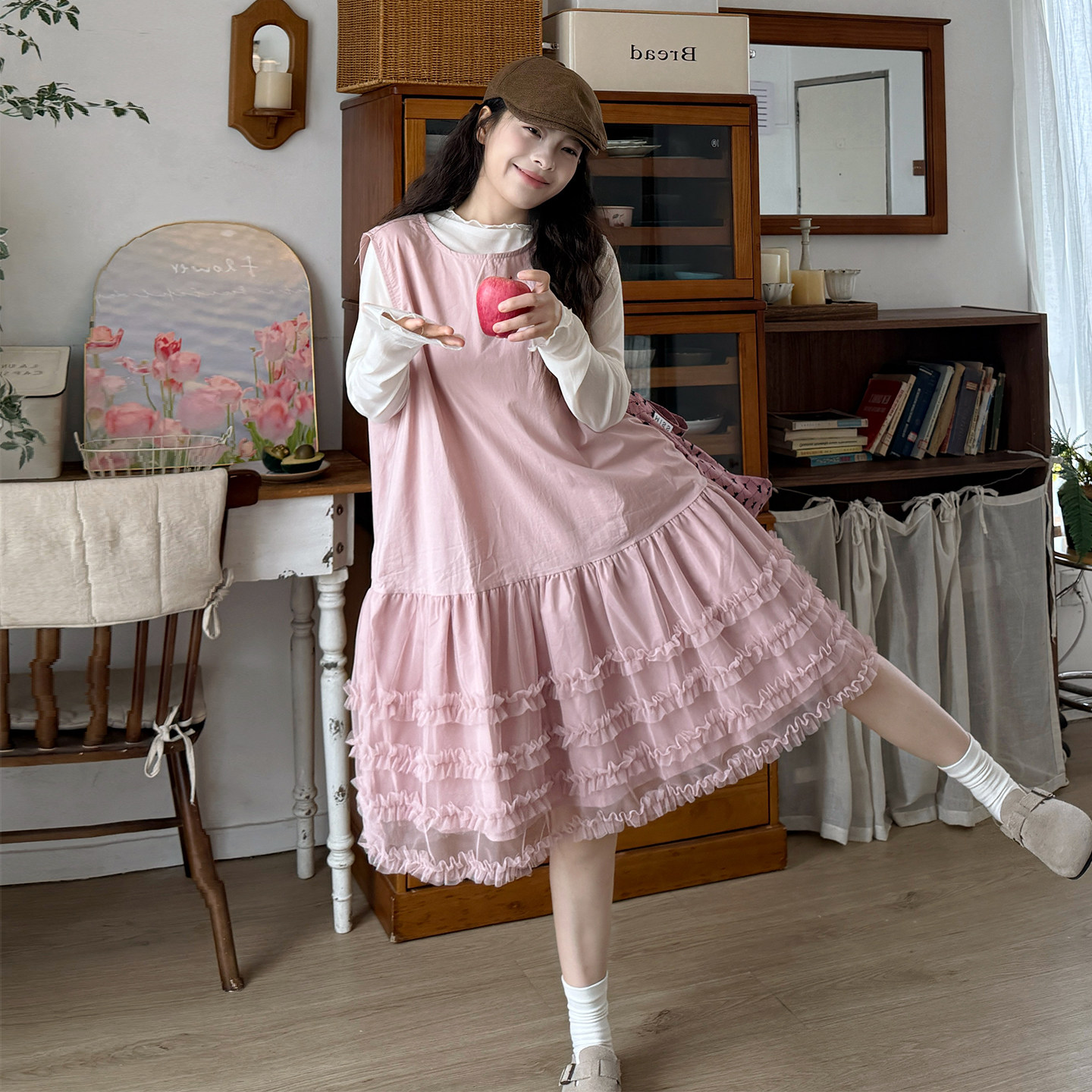 大码女装甜美可爱公主风粉色连衣裙夏两件套叠穿百搭宽松背心裙