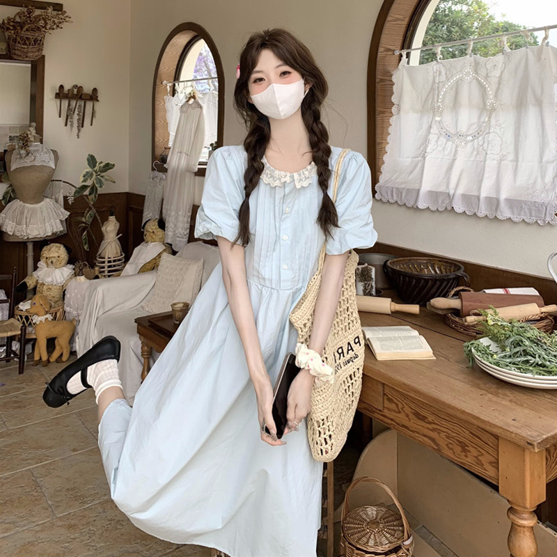 大码女装2025夏胖mm甜美花边泡泡袖压褶小清新高腰收腰显瘦连衣裙
