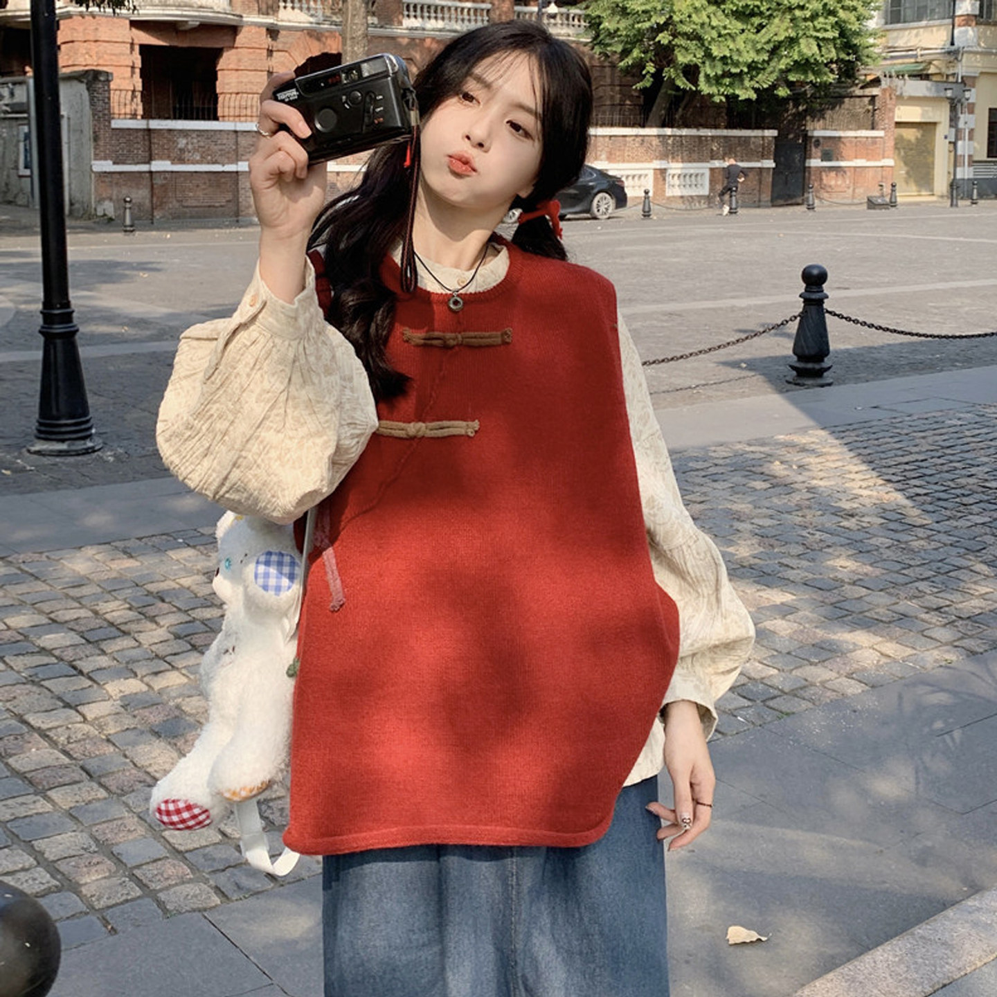 大码女装2025秋季胖mm复古设计感盘扣针织马甲宽松提花衬衫两件套,女装/女士精品,大码套装,淘宝优惠券,粉丝福利购,淘宝优惠卷