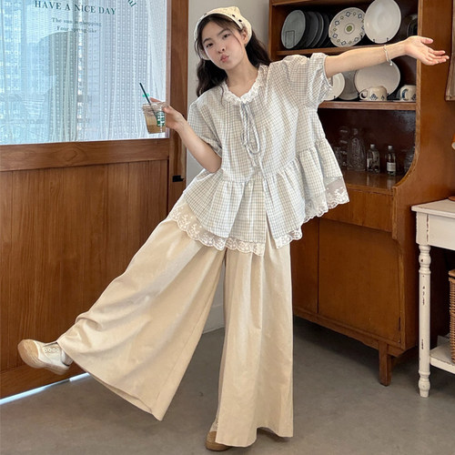 蕾丝拼接格子衬衫休闲阔腿裤套装