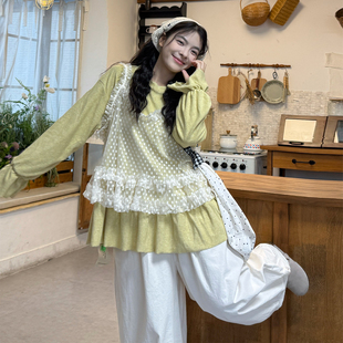 大码女装2026春季日系叠穿圆点蕾丝吊带长袖上衣裤子显瘦三件套装