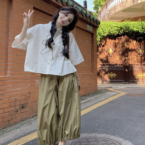 绣花衬衣阔腿灯笼七分裤显瘦套装