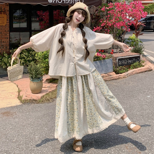 简约纯色衬衫碎花拼接花边半身裙