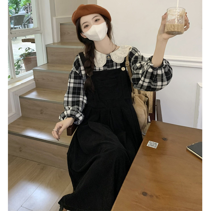 格纹蕾丝花边领衬衫灯芯绒背带裙