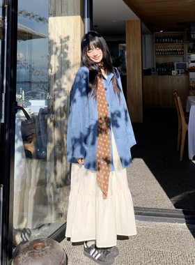 大码女装早春胖mm韩系宽松显瘦白色连衣裙打底+蓝色西装叠穿套装