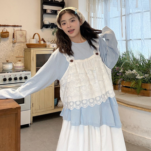 大码女装日系蕾丝花边吊带不规则长袖两件套春季微胖mm叠穿套装