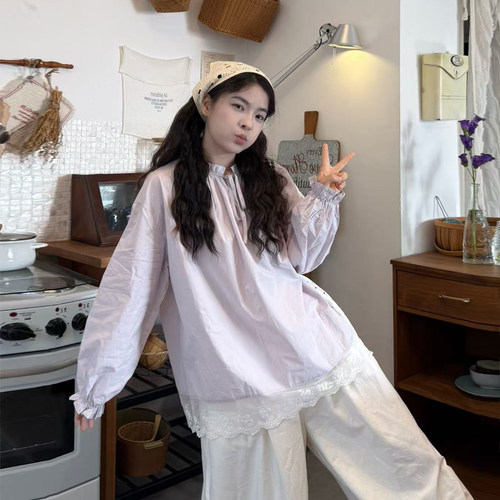 春夏大码日系甜美蕾丝长袖衬衫