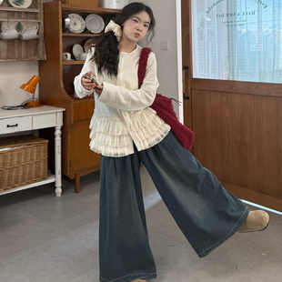 大码女装胖mm春季韩版花边拼接针织毛衣开衫外套+牛仔阔腿裤套装