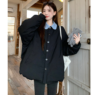 宽松撞色翻领中长款 大码 胖mm韩版 2025冬新款 百搭棉衣棉服外套 女装