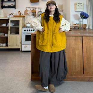 新款 胖mm韩版 子套装 女装 裤 2025秋季 大口袋夹棉马甲 大码 宽松衬衫