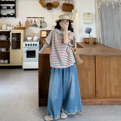 大码女夏季宽松格子短袖牛仔套装