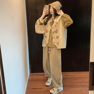 大码女装胖mm时尚三件套森系复古娃娃领衬衫灯芯绒刺绣马甲+裤子
