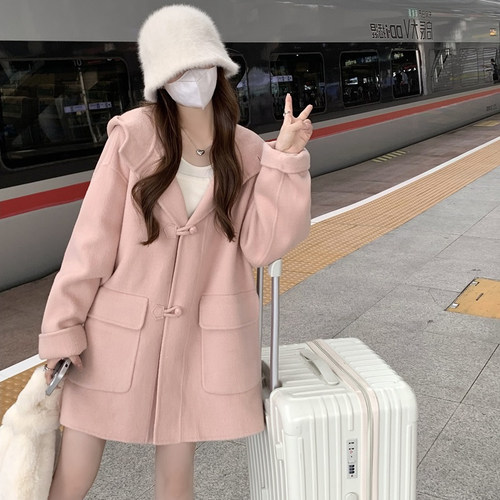 韩版少女蜜桃粉连帽毛呢大衣外套