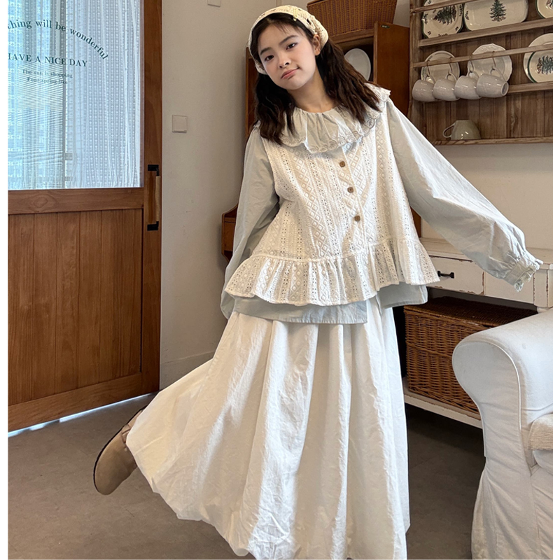 大码女装2025秋季胖mm韩版宽松花边领衬衫+镂空马甲+花苞裙三件套