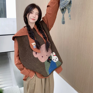 大码女装秋季新款宽松显瘦胖mm毛衣马甲绣花衬衣裤子遮肚三件套装