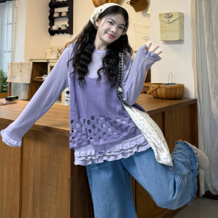 胖mm甜美打底T恤 2026春季 叠穿镂空吊带背心 牛仔裤 大码 套装 女装