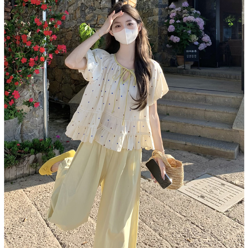 大码女装2025夏新款胖mm韩版彩色波点泡泡袖娃娃衫半身裙裤子套装