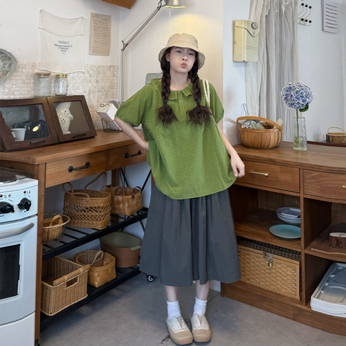 大码夏显瘦格子衬衫阔腿裤两件套