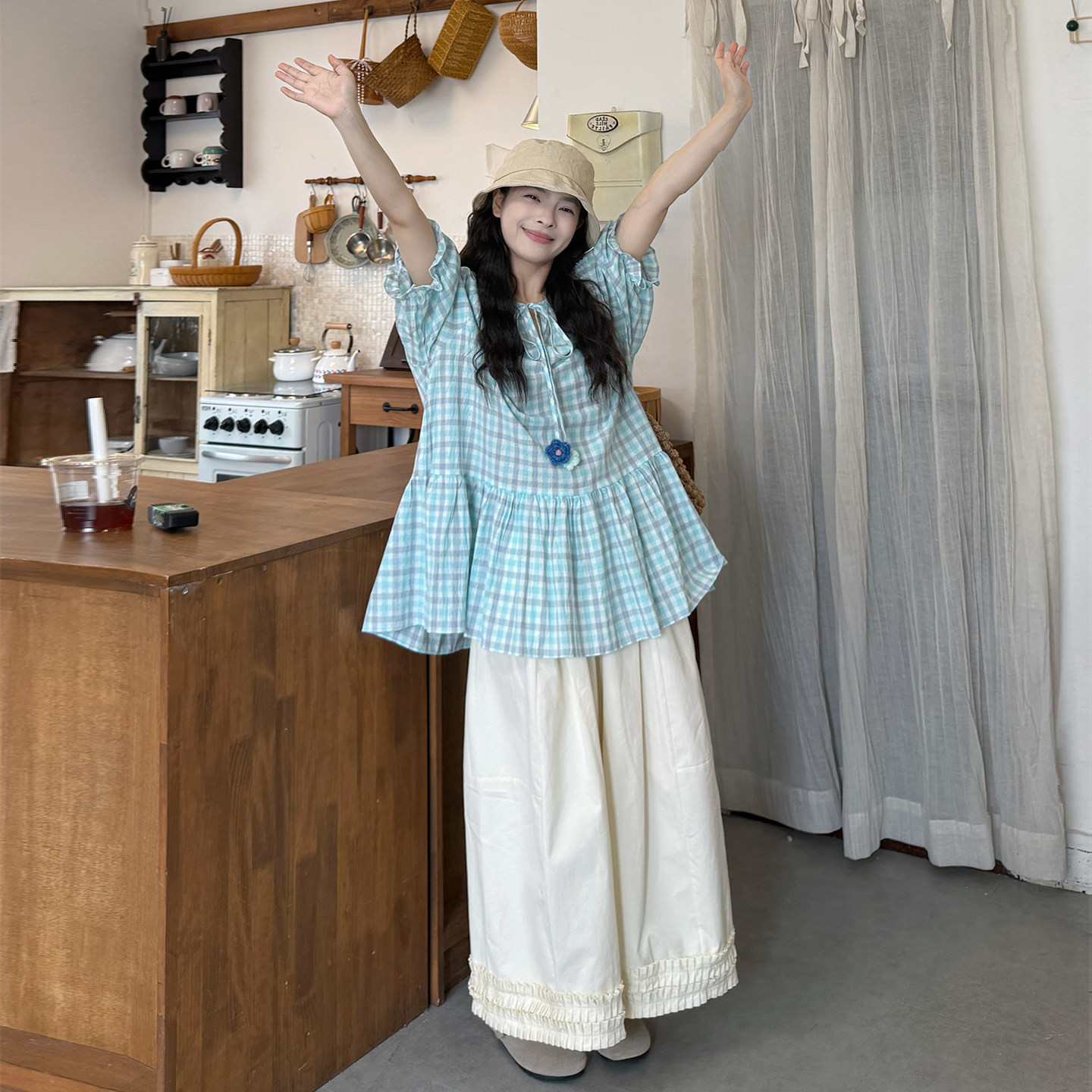 大码女装格子五分袖衬衫阔腿裤套装夏季两件套显瘦遮胯微胖mm宽松