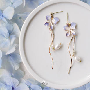 木龙蕾 原创设计绣球气质耳环长款流苏耳饰耳钉花瓣珍珠淡雅耳夹