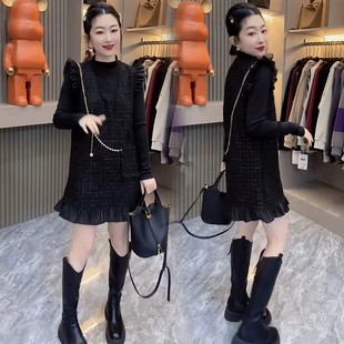秋冬装搭配一整套女小香风毛呢背带连衣裙+打底衫减龄穿搭两件套