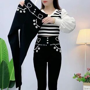 珍珠钉珠2025春秋新款 女外穿不起球弹力高腰显高显瘦 松紧腰小黑裤