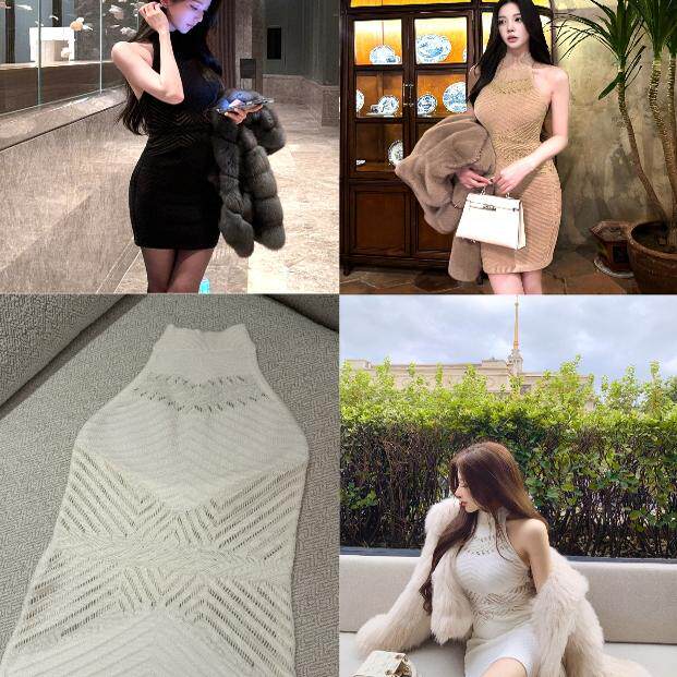 【小众新品】秋冬甜辣妹性感内搭打底裙高级感挂脖露肩针织连衣裙
