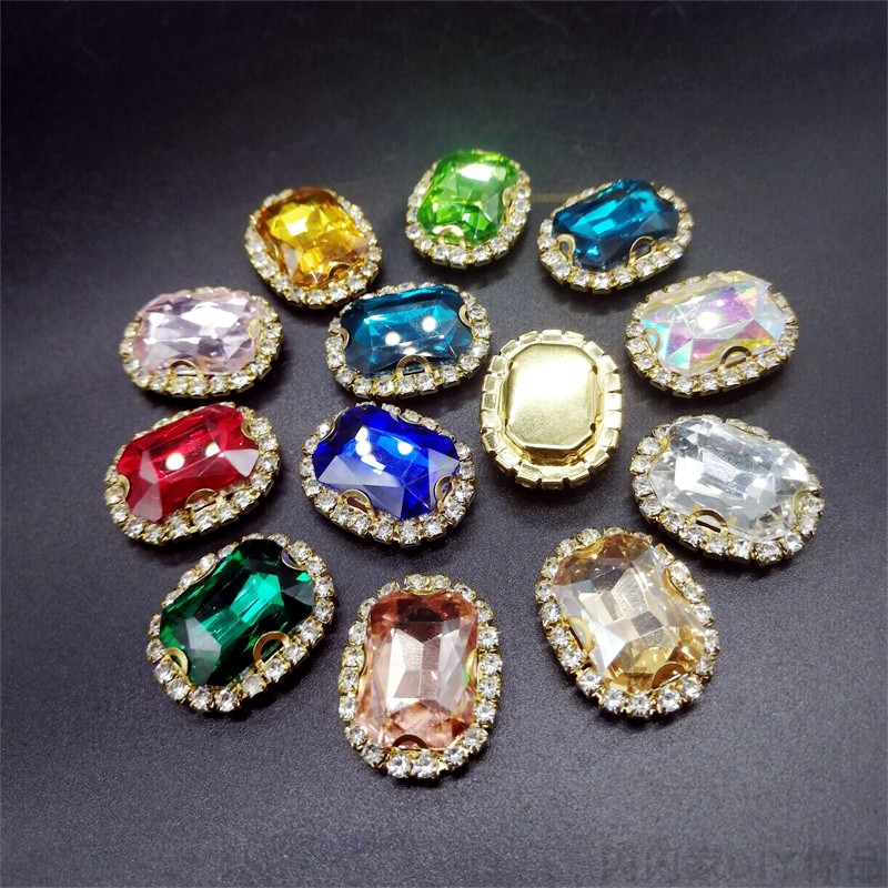 13*18mm长方玻璃钻金底防勾爪钻带孔手缝钻DIY服饰钻婚纱辅料配件