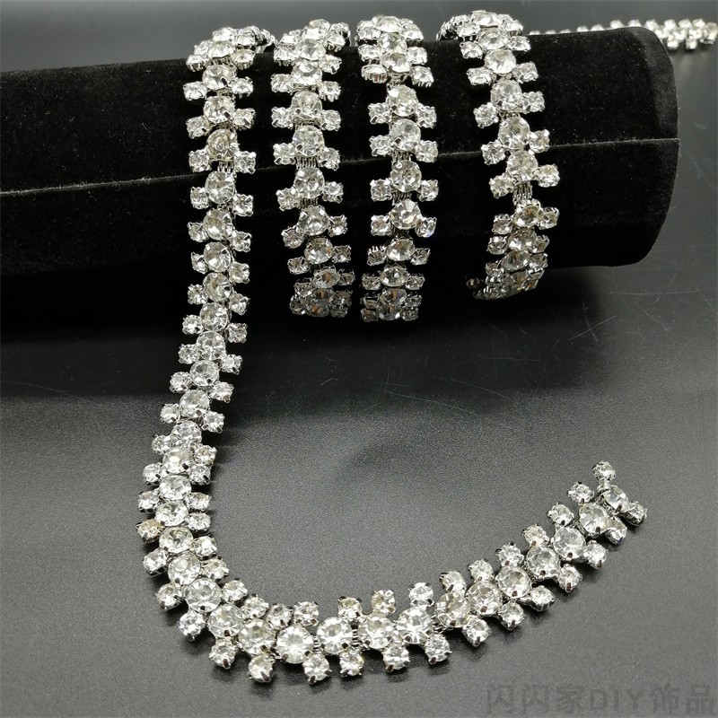 1.4cm宽三颗钻水钻链条玻璃钻饰边 时尚婚纱礼服鞋帽服装钻链配件